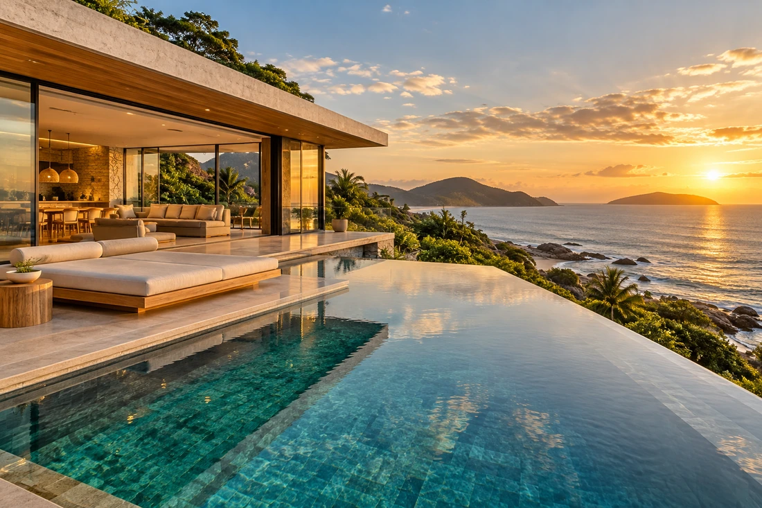 Casa contemporânea à beira-mar com piscina